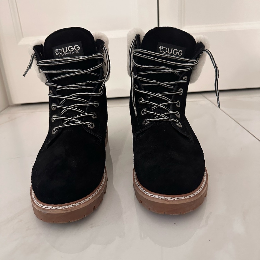 UGG Women's Black Lace-Up Suede Boots with Tan Sole